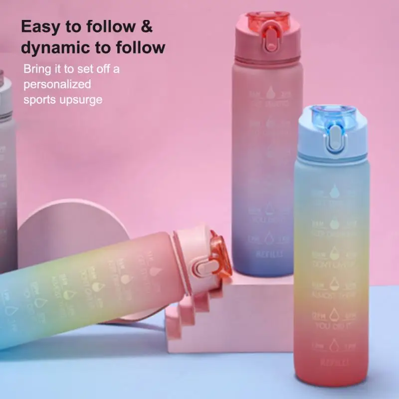 

1L Tritan Material Water Bottle With Bounce Cover Time Scale Reminder Frosted Leakproof Cup For Outdoor Sports Fitness