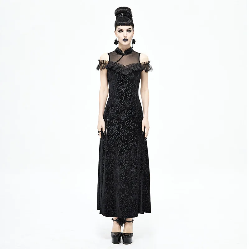 Gothic High-neck Off-shoulder Open-back Lace-up Mesh One-way Neck Lace Dress Improved Version Of The High-slit Cheongsam