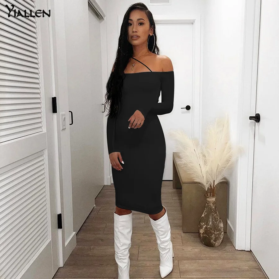 

Yiallen Autumn New Slash Neck Women Maxi Dress Solid Long Sleeve Strapless Bodycon Casual Stretch Elegant Party Activewear Hot