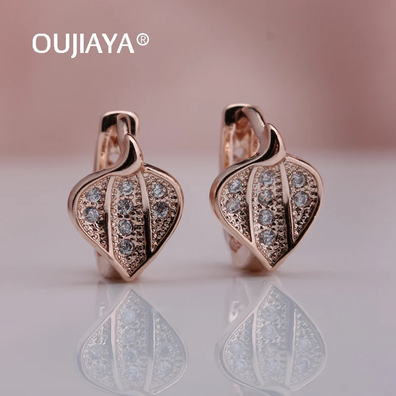 

OUJIAYA New Arrivals Leaf shape Micro Wax Inlay Drop Earring Luxury Round Wedding Natural Zircon Earrings Fine Jewelry Hot A217