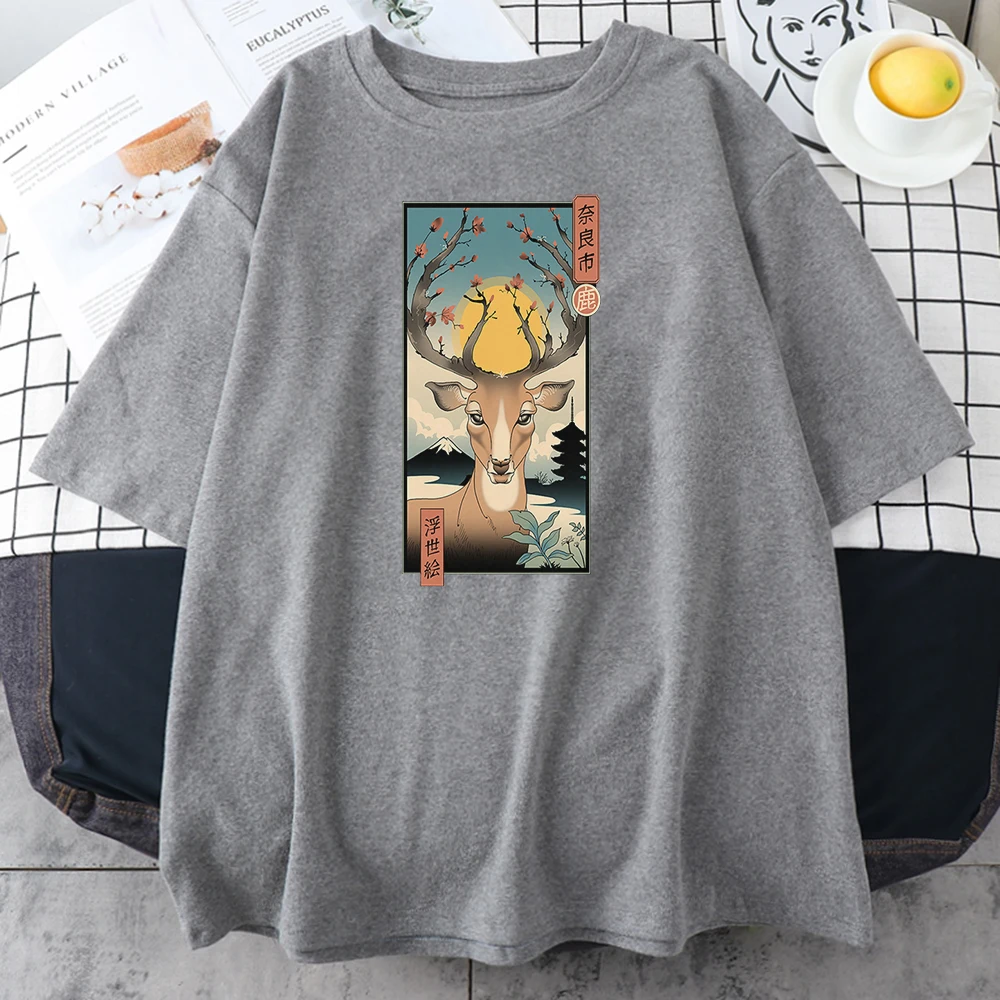 

Футболка женская с принтом японского укийое Нара, модная винтажная тенниска с круглым вырезом, Повседневная стильная Свободная майка, лето