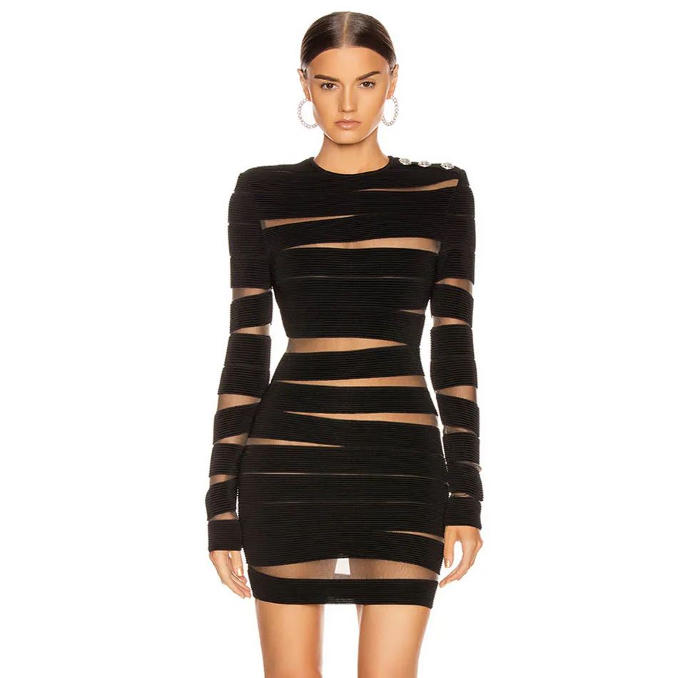 Женское облегающее платье с длинным рукавом черное Сетчатое мини круглым