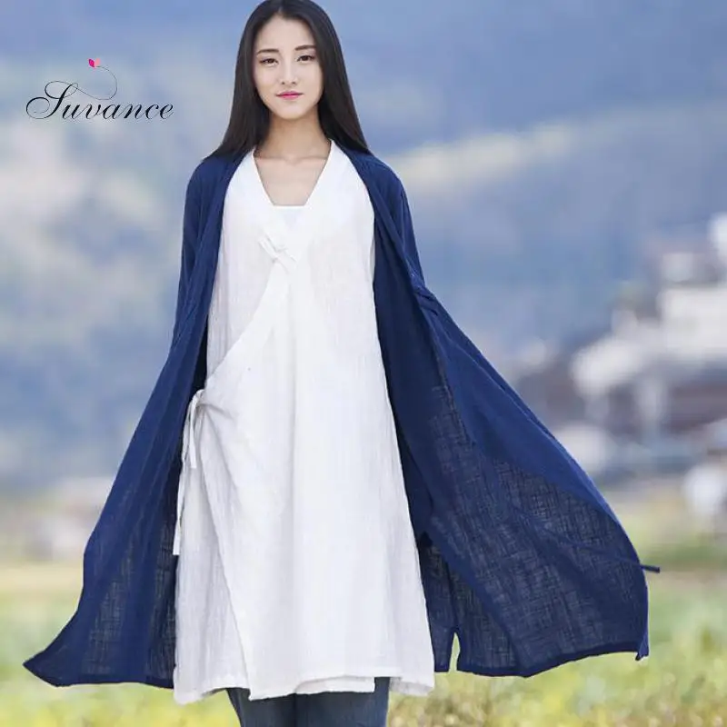 Женская длинная куртка из хлопка и льна однотонная весенне летняя в китайском