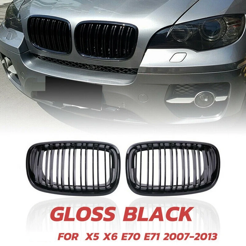 X5 X6 Grill, Front Kidney Double Line Grille for 2007-2013-BMW X5 E70 X6 E71 (ABS Gloss Black Grill, 2-Pc Set)
