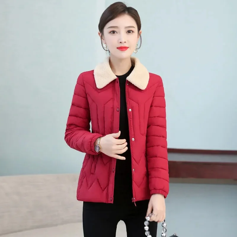 

Women Jacket 2021 New Autumn Winter Down Cotton Cotton-Padded Coat Female Short Imitating Lamb Wool Lapel Slim Small Jacket A289