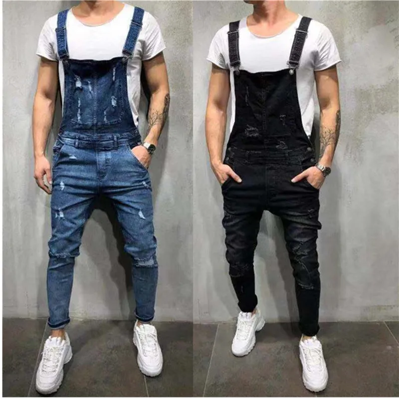 Men's Ripped British Style Jumpsui Jeans Slim Fit Siamese Trousers Street Distressed Denim Bib Pencil Overalls Pants MAN