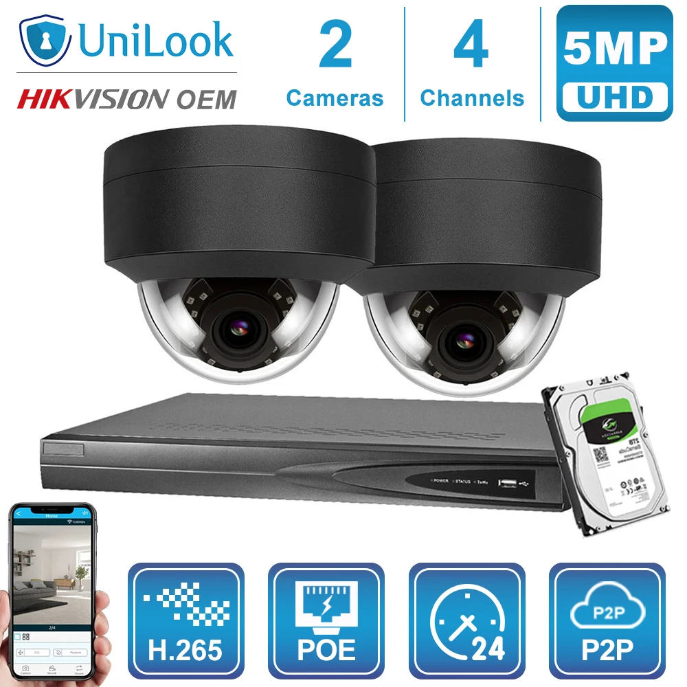 UniLook 4CH 4K NVR 5MP IP POE камера безопасности Система H.265 Onvif NVR(2 ТБ HDD) с 2 шт 5MP POE IP широкоугольная купольная камера s