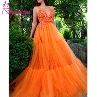 orange evening dresses 2020 a line beaded tulle long formal dresses v neck spagetti straps sexy prom party gowns