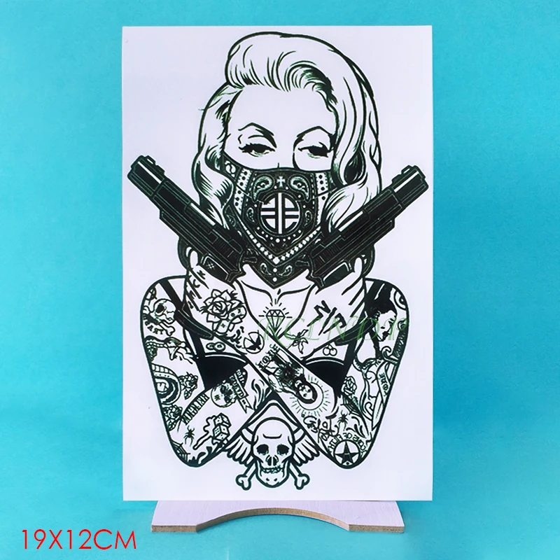 Водонепроницаемая Временная тату наклейка с головой черепа Дамский пистолет