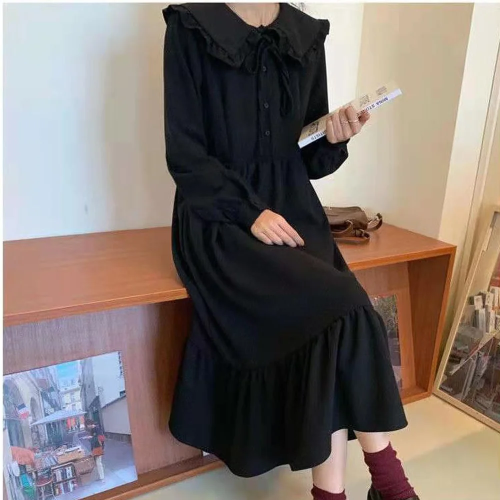 

Japanese Lolita Style Spring Autumn Robes for Women Peter Pan Collar White Princess Party Dress Cute Kawaii Long Ruffles Dresses