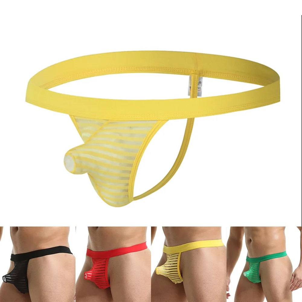 

Man T Back G-string Gays Sheer Bikini Brief Ice Silk Striped Head-Up Thongs Sexy Big Pouch T-Pants Panties Men Underwear Knicker