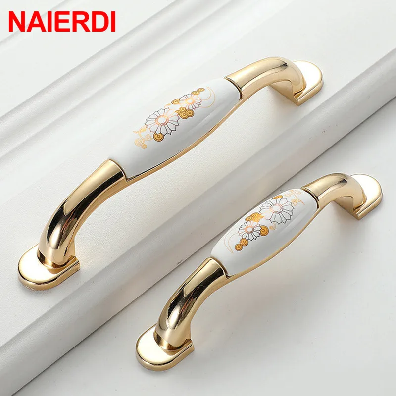 NAIERDI 10 шт. китайские керамические золотые белые ручки шкафа из цинкового сплава