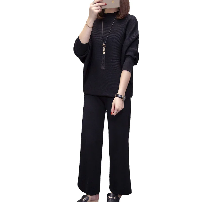 Черный вязаный костюм женский теплый комплект из 2 предметов брюки костюмы и топ