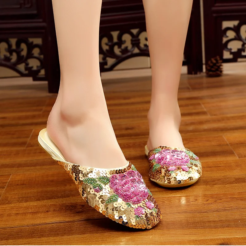 

Comemore Handmade Vintage Women's Slippers Flat Mules Ladies Chinese Bling Sequins Flower Soft Sole Casual Summer Home Shoes Red