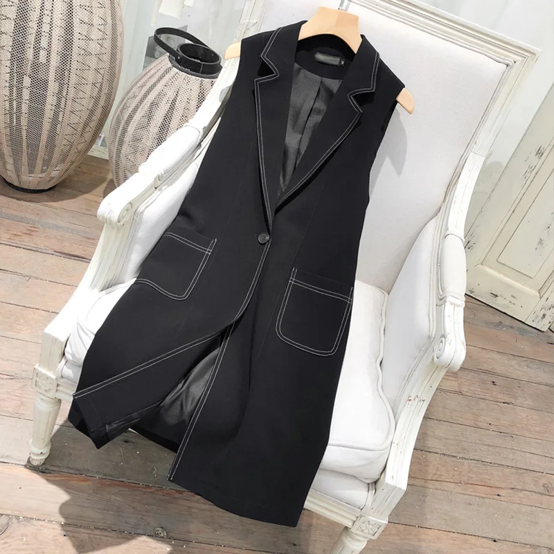 

Long Vest Women's Korean Sleeveless Coat Jacket Vintage Fashion Formal Office Ladies Black Vest Tops Waistcoat Female Plus Size