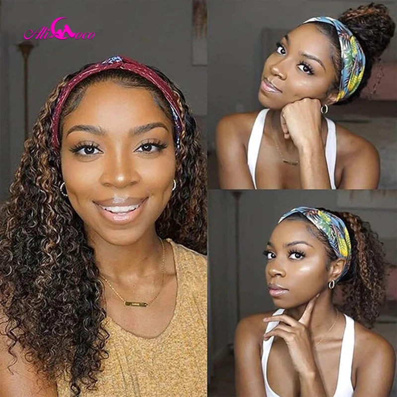

Highlight 4 30 Colored Curl Headband Wig 100% Curly Human Hair Scarf Wig Glueless Full Machine Headbands For Women Human Wigs