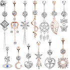 Женские кольца для пупка с жемчугом и кубическим цирконием, длинные висячие кольца в форме сердца и цветка из нержавеющей стали, ювелирные изделия для тела 14 г Ombligo Oreja