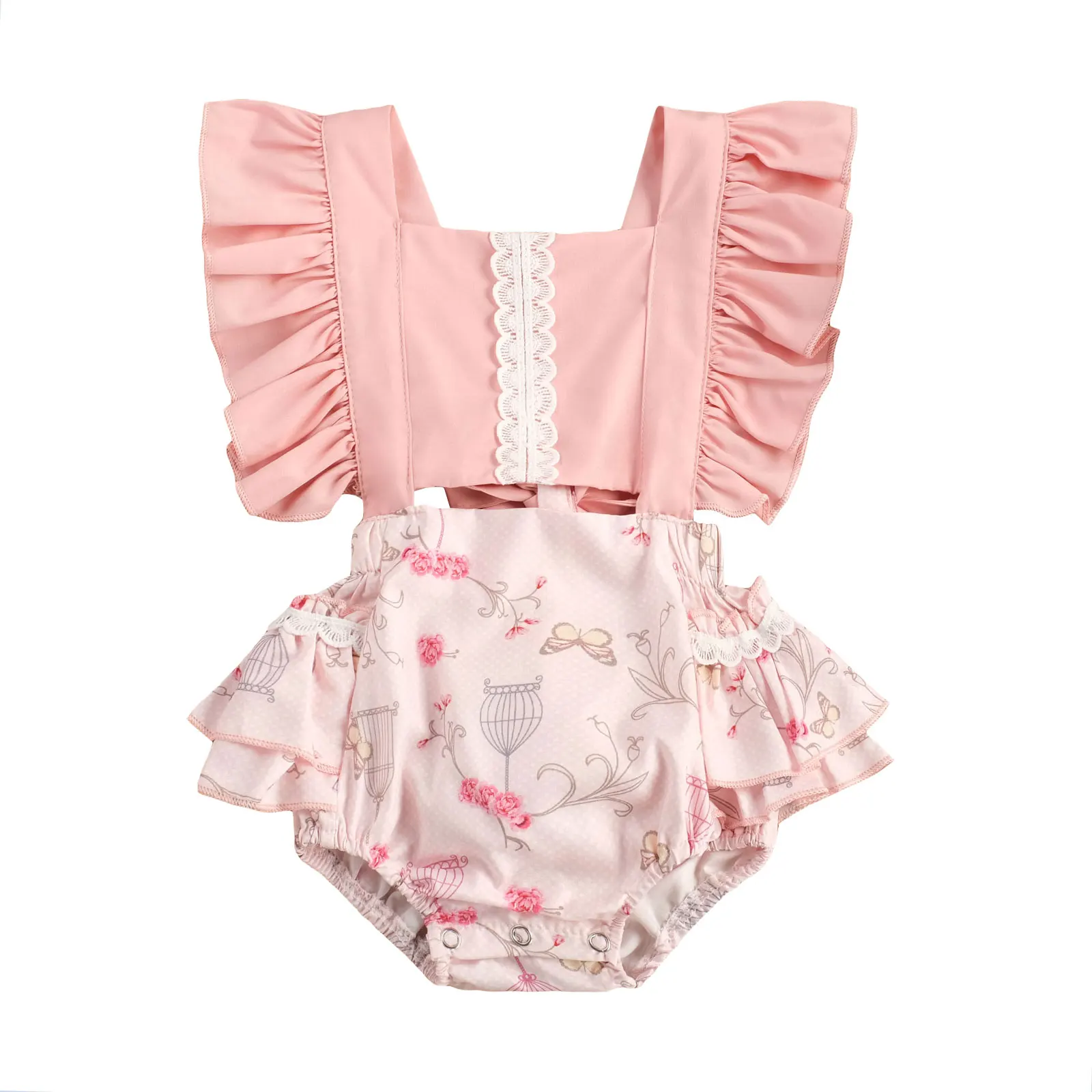 

Newborn Baby Girl Romper Floral Jumpsuit Hollow Flower Printed Summer Ruffle Fly Sleeve Side Pocket Clothes 0-24M
