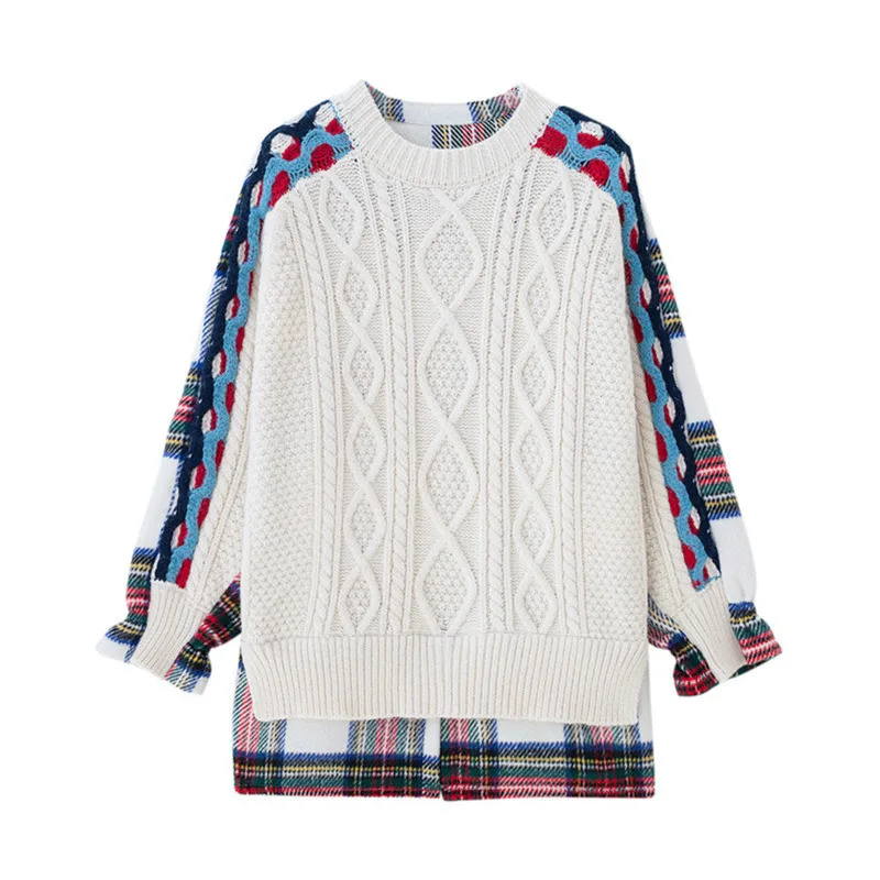 

2020 Autumn Winter Clothes Woman Plus Size Long Sweater Coat Contrast Color Long-sleeved Plaid Ladies Warm Pullover Knit C906