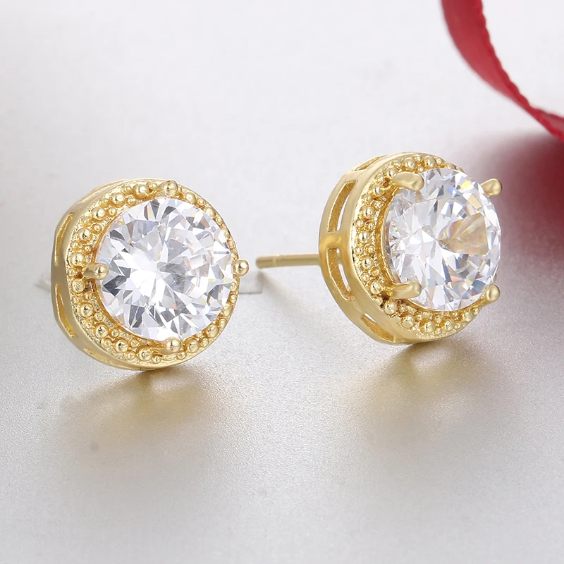 Earrings Yellow Gold Модные роскошные круглые циркониевые Женские Ювелирные наборы с серебряными кристаллами, серьги и ожерелье, вечерние свадебные комплекты - Окраска металла: Earrings Yellow Gold