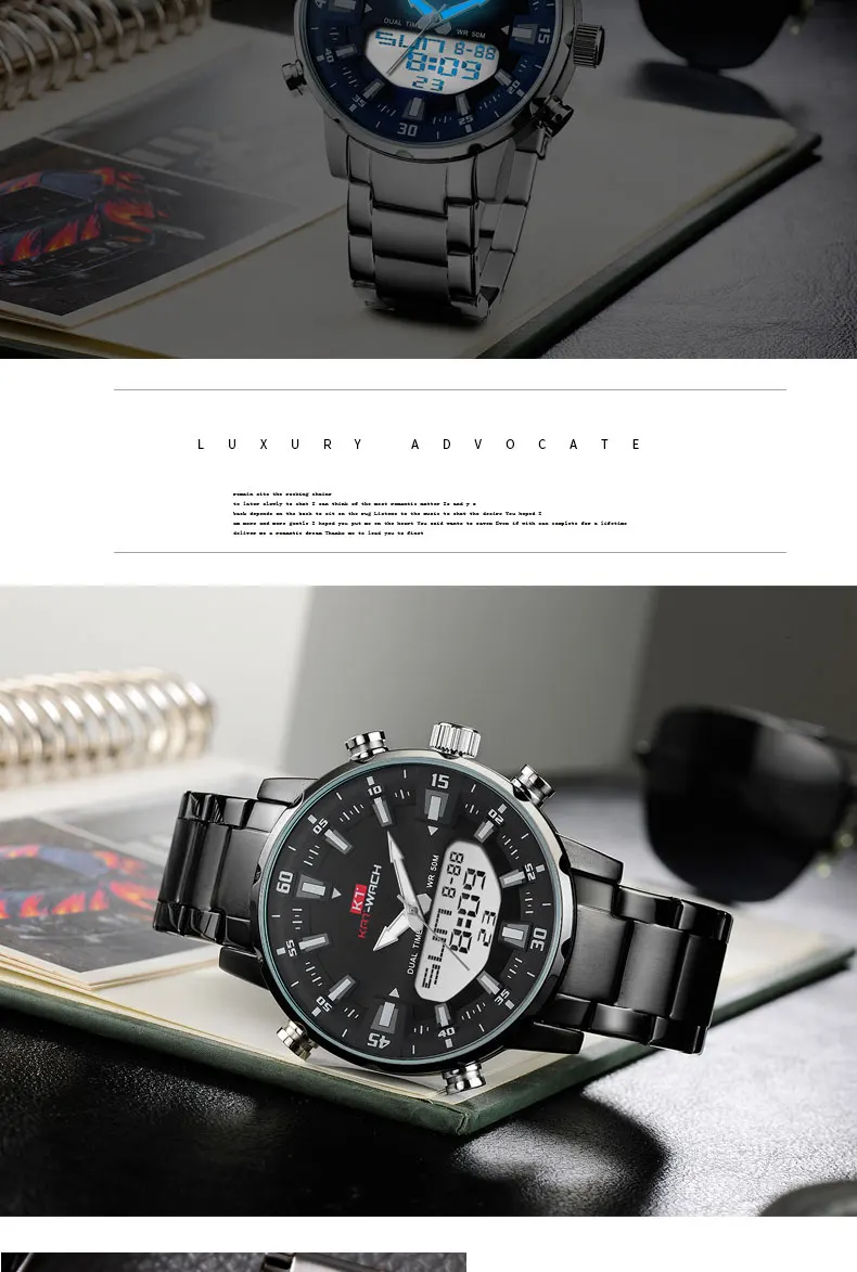 KT New Mens Watches with Stainless Steel Dual Display Waterproof 3D Dial Analog Digital Chronograph Male Sport Style KT1815