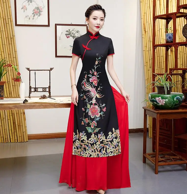 Черное женское платье для невесты Cheongsam AO Dai вечерние платья длиной до щиколотки