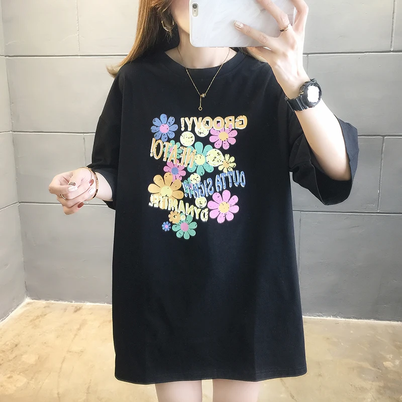 Женские футболки Свободная футболка летние топы XL XXL круглый вырез горловины с