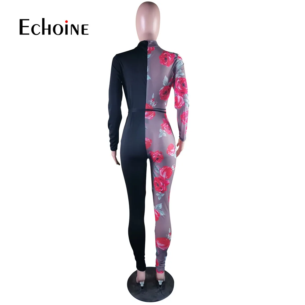 

Echoine Woman Floral Print Mesh Patchwork Jumpsuit Mock Neck Long Sleeve Lace Up Bodycon Rompers Night Club One Piece Outfits