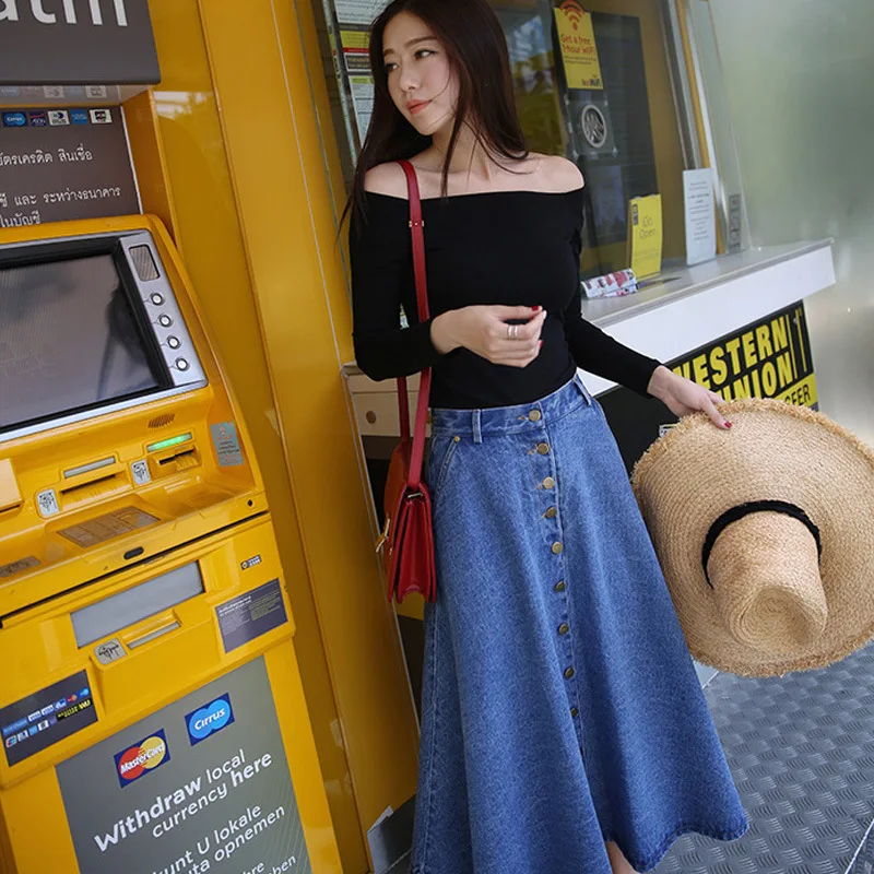 

Denim Skirt Women Plus Size Korean Fashion Long Jeans Skirt Button Big Hem Casual High Waist Skirts Long for Women Denim Skirt