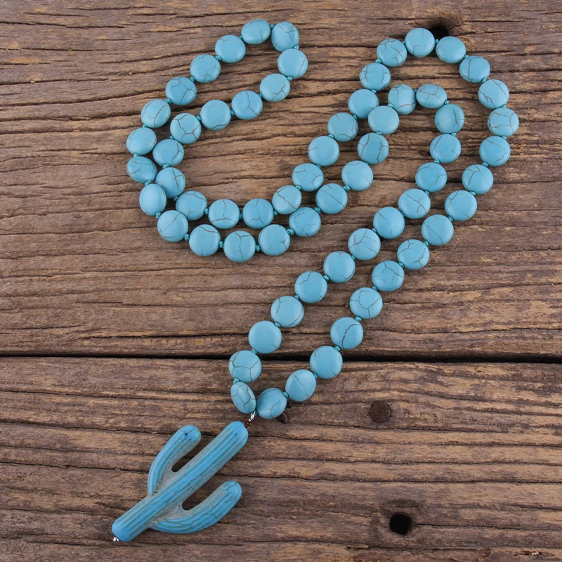 Модное ожерелье с узелком из белого и бирюзового кактуса этническое богемное