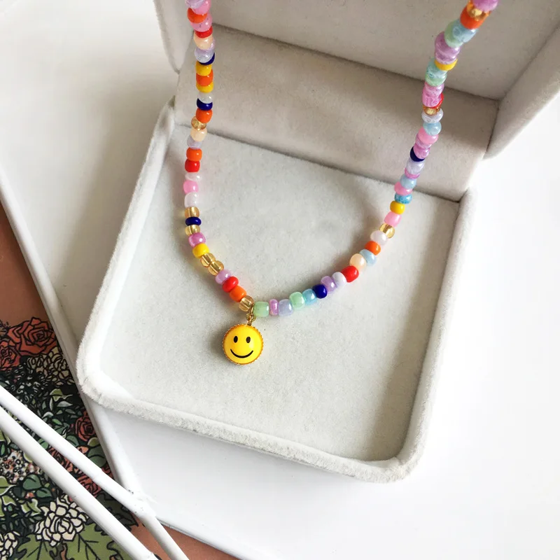 Милые модные красочные полимерные бусины ожерельлье подвеска в виде смайлика