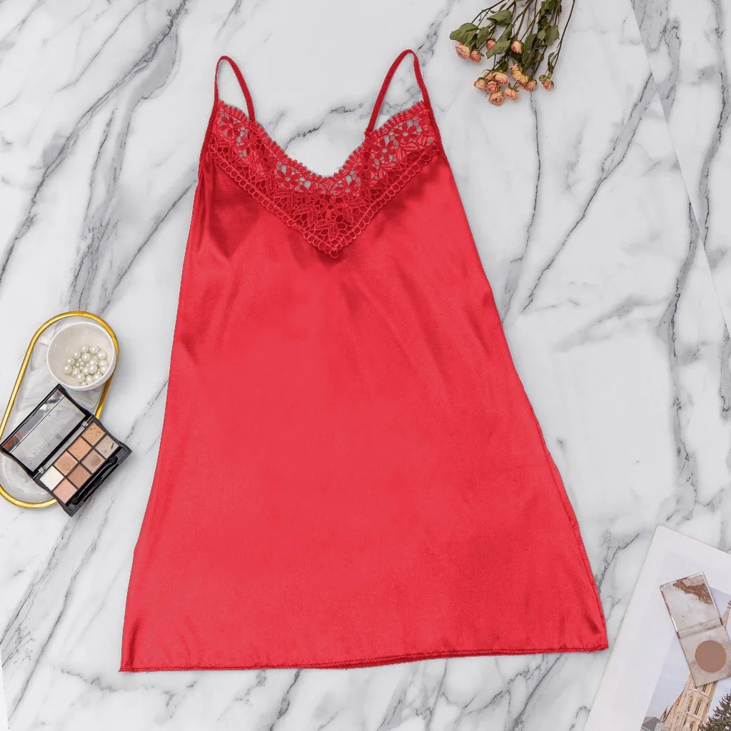 Женская атласная ночная рубашка женское белье сексуальная сорочка с накладками