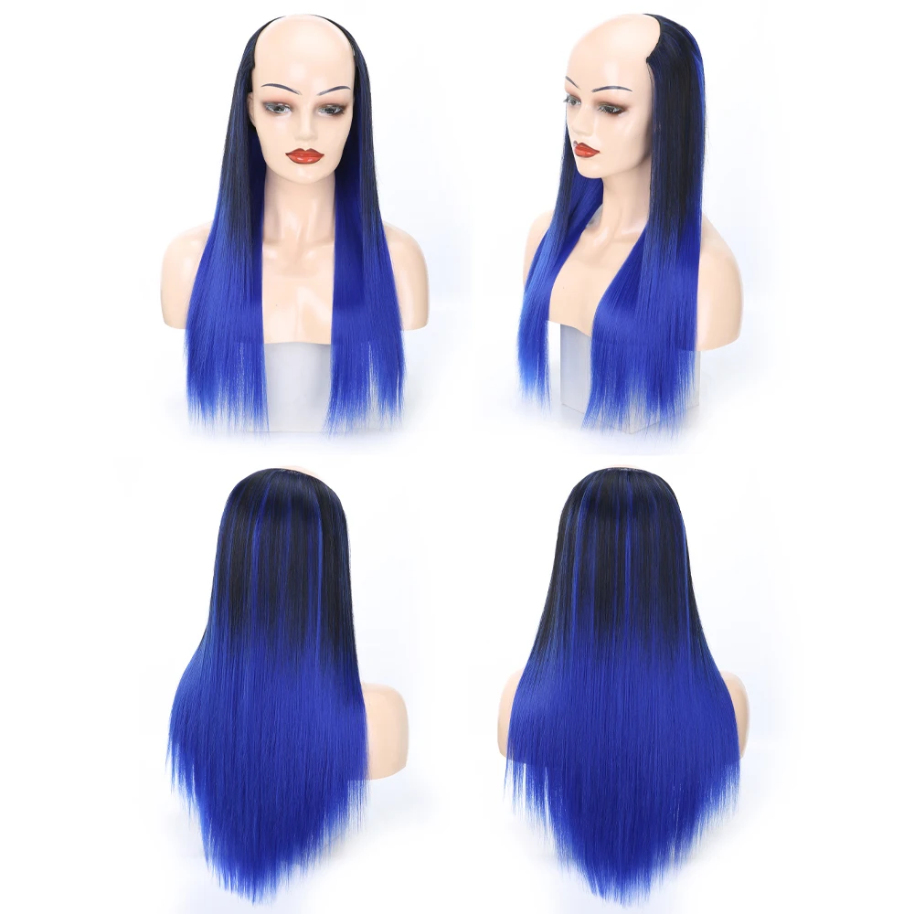 

Long Straight Half Wigs Clip in U Part Human Hair Extensions High Temperature Fiber Headbang Wig Ombre Color Synthetic Hair 26''