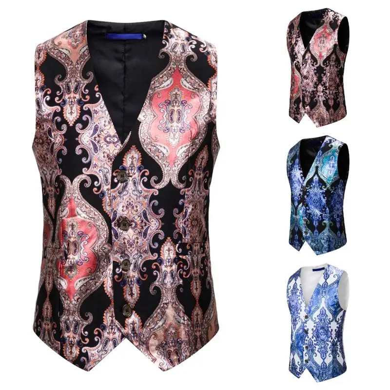 

Palace style print Suit Vest Party Stage Unique design V collar Waistcoats & Vests For Men New White blue