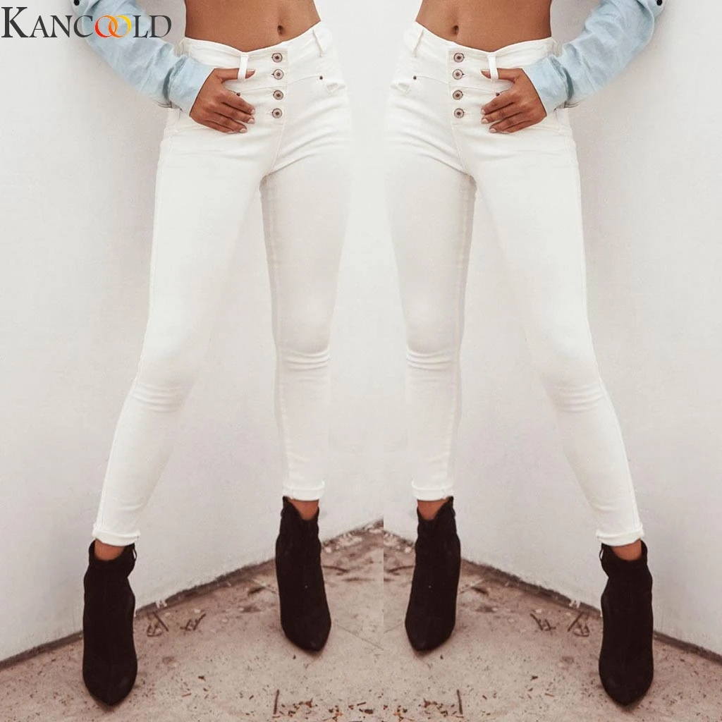 KANCOOLD Women White High-Waist Pocket Button Pencil-Trouser Casual Denim Pants Skinny Trousers Ladies Loose New Arrival |