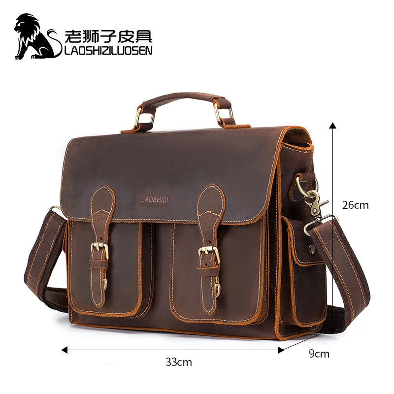 

LAOSHIZI Men's Bag Genuine Leather Briefcase For Men Business Handbags For 15Inch Laptop Fashion 2021 New Cowhide Shoulder Bag