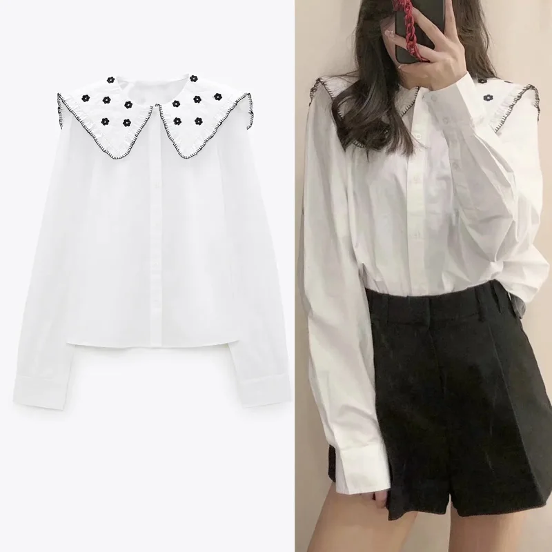 

Za Woman Top 2021 White Embroidred Button Up Shirt Women Spring Autumn Casual Ruched Long Sleeve Blouse Female Kawaii Top
