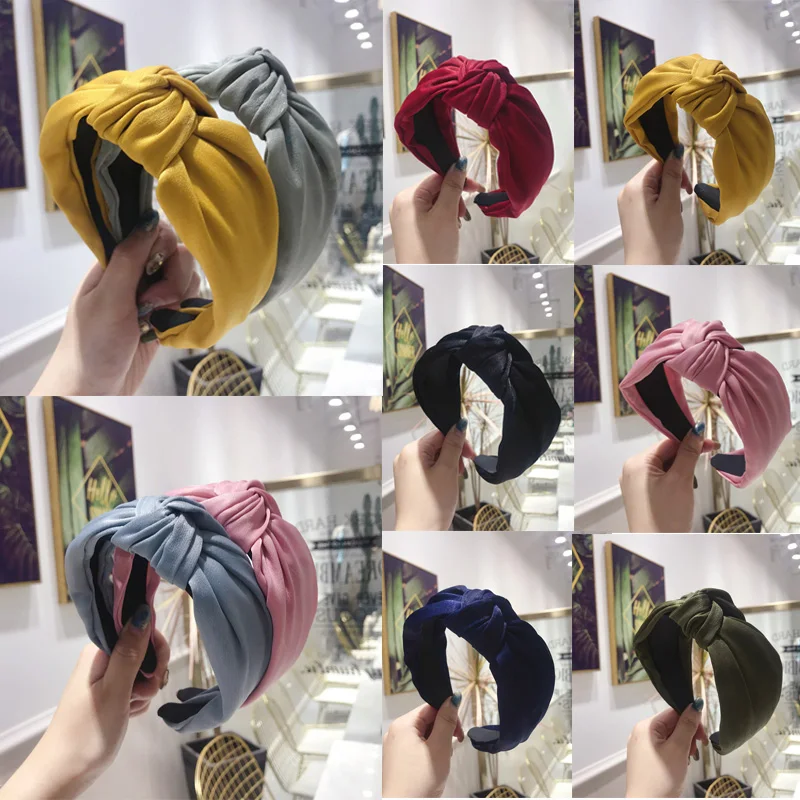 Bohemian Solid Color Hairbands Satin Top Knotted Wide Headband Women New Elegant Headwear Hair Hoop Accessories Red Pink Yellow
