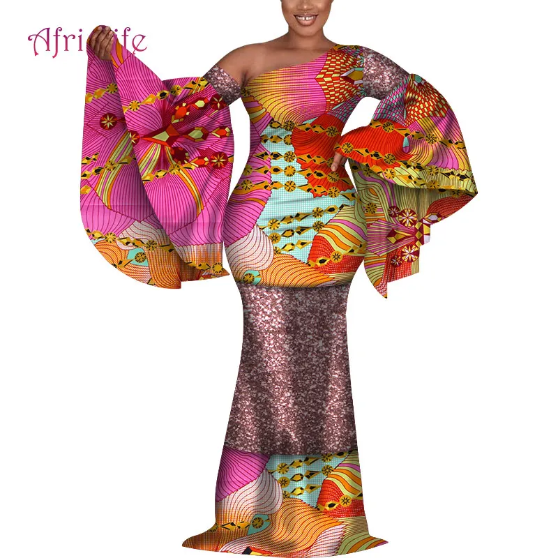 

Long Flare Sleeve African Women Dresses for Fall Spring Women Clothing Glitter Fabric Patchwork Fashion Lady Clothes WY7198