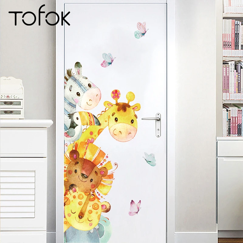 

Tofok Ink Watercolor Animal Door Decoration Stickers Living Room Floral Background Cartoon Mural Decals Home Wall Fridge Sticker