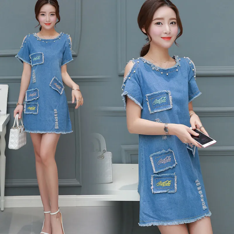 Сексуальное платье с открытыми плечами летнее 5XL размера плюс джинсовые платья