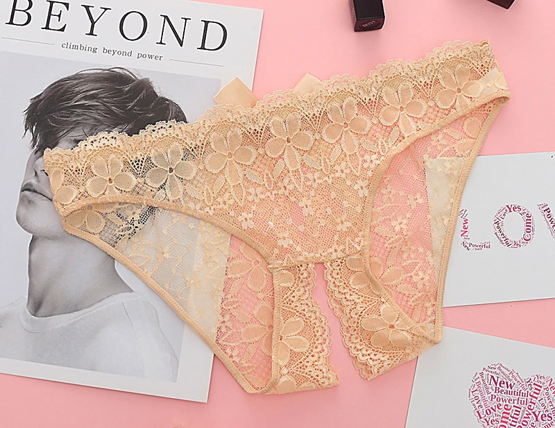 Sexy Lace Hollow Panties Tempting Women Briefs Opening Crotch Low Waist Female Underwear Transparent Sexy Cute Bow Panty
