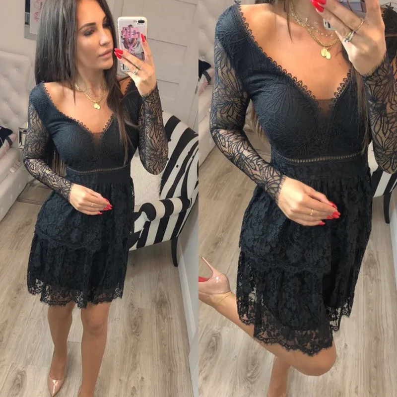 Женское элегантное черное кружевное платье сексуальные облегающие платья с V