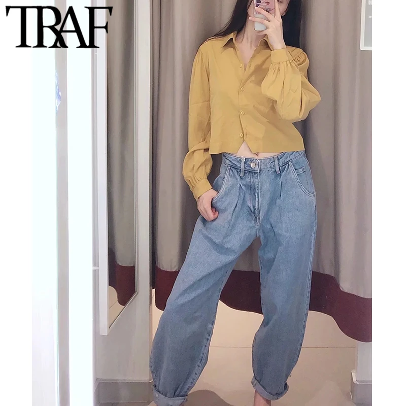 

TRAF Women Vintage High Waist Harem Pants Washed Effect Jeans Chic Fashion Pockets Zipper Fly Denim Pants Ankle Jean Trouser