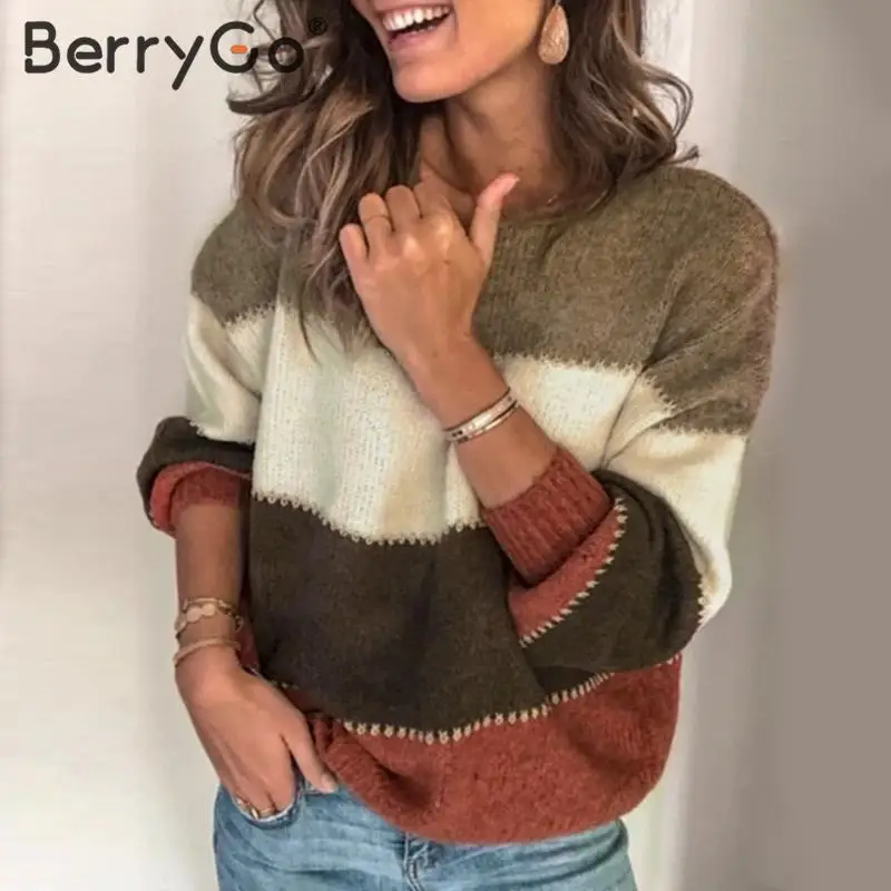 BerryGo Fashion color block pullovers women Autumn winter loose female jumpers sweater Casual ladies knitted tops | Женская одежда