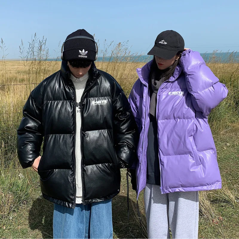 

Hybskr Oversize Men Cotton Padded Parkas Harajuku PU Leather Winter Coat Hip Hop Streetwear Fashion Branded Women's Clothing