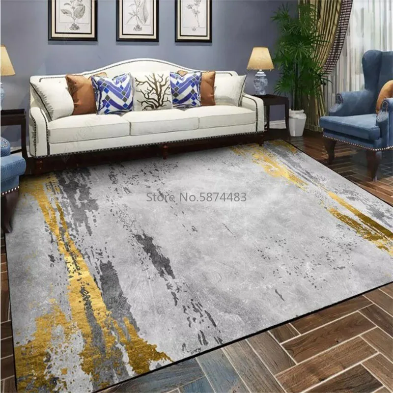 

200*300cm Fashion Modern Gold Gray Abstract Ink Painting Living Room Bedroom Kitchen Bedside Carpet Floor Mat Customization