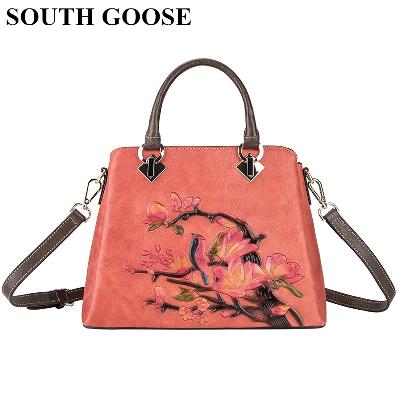 SOUTH GOOSE Genuine Leather Retro Women Handbags Luxury Flower Embossing Shoulder & Crossbody Bags Large Capacity Ladies Totes