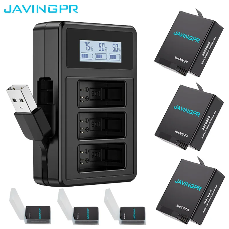 Аккумуляторная батарея JAVINGPR для GoPro Hero 8 7 6 черная 1800 мАч умное зарядное