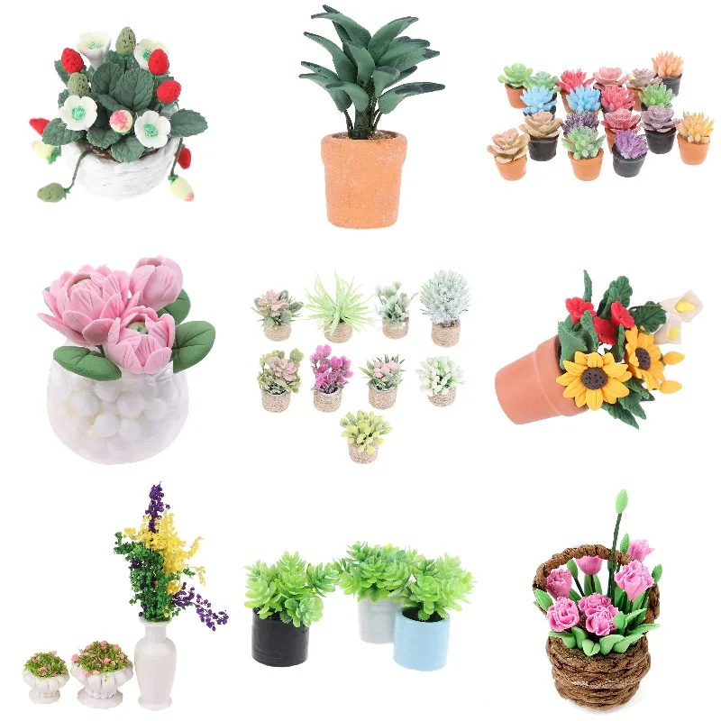 112 doll house miniature flowers fairy garden ornament mini potted plant flowers pot dollhouse decor bonsai model house decor free global shipping